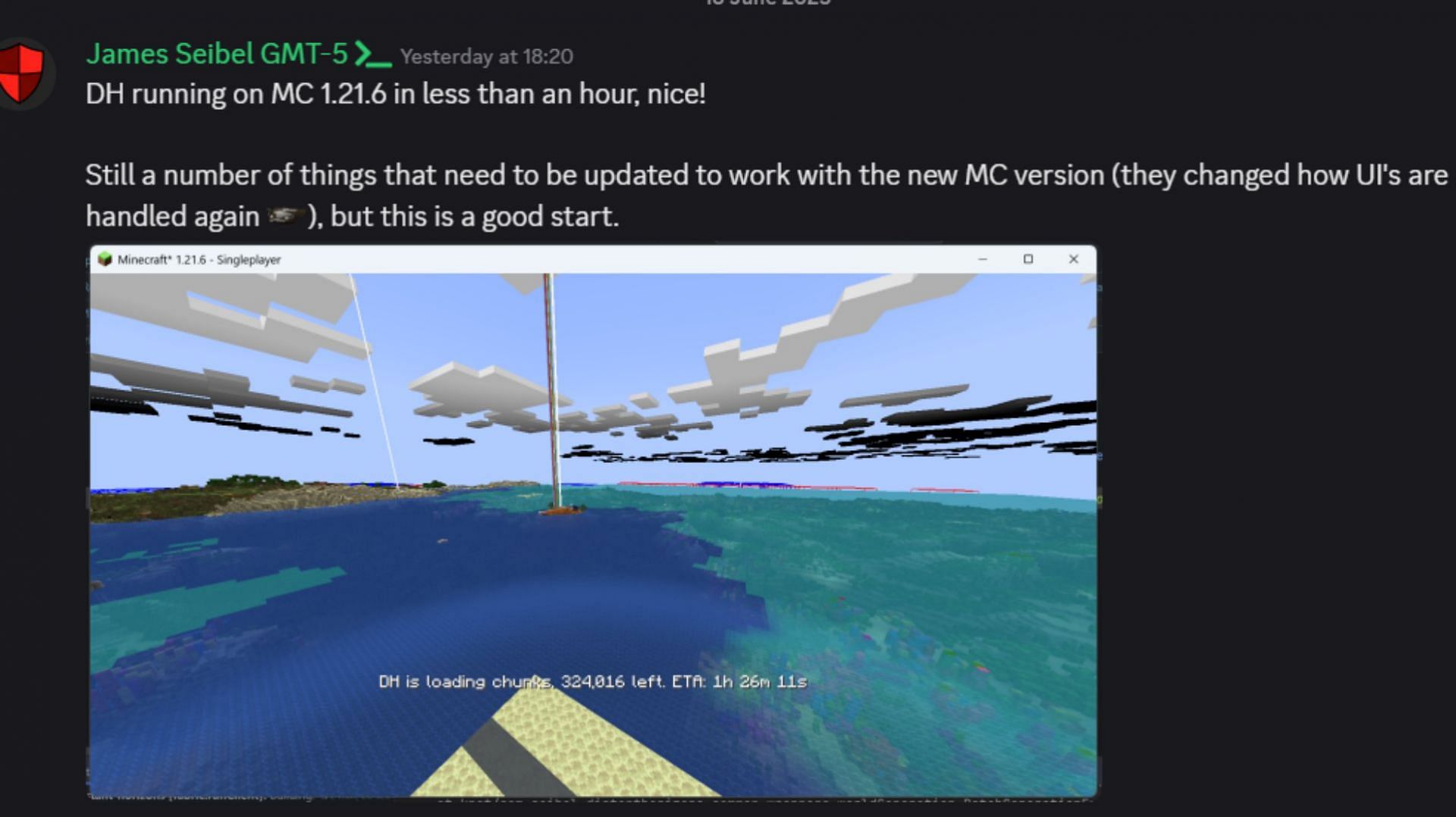 Distant Horizons developers showcasing their development progress on Minecraft 1.21.6 (Image via Distant Horizons || Discord)